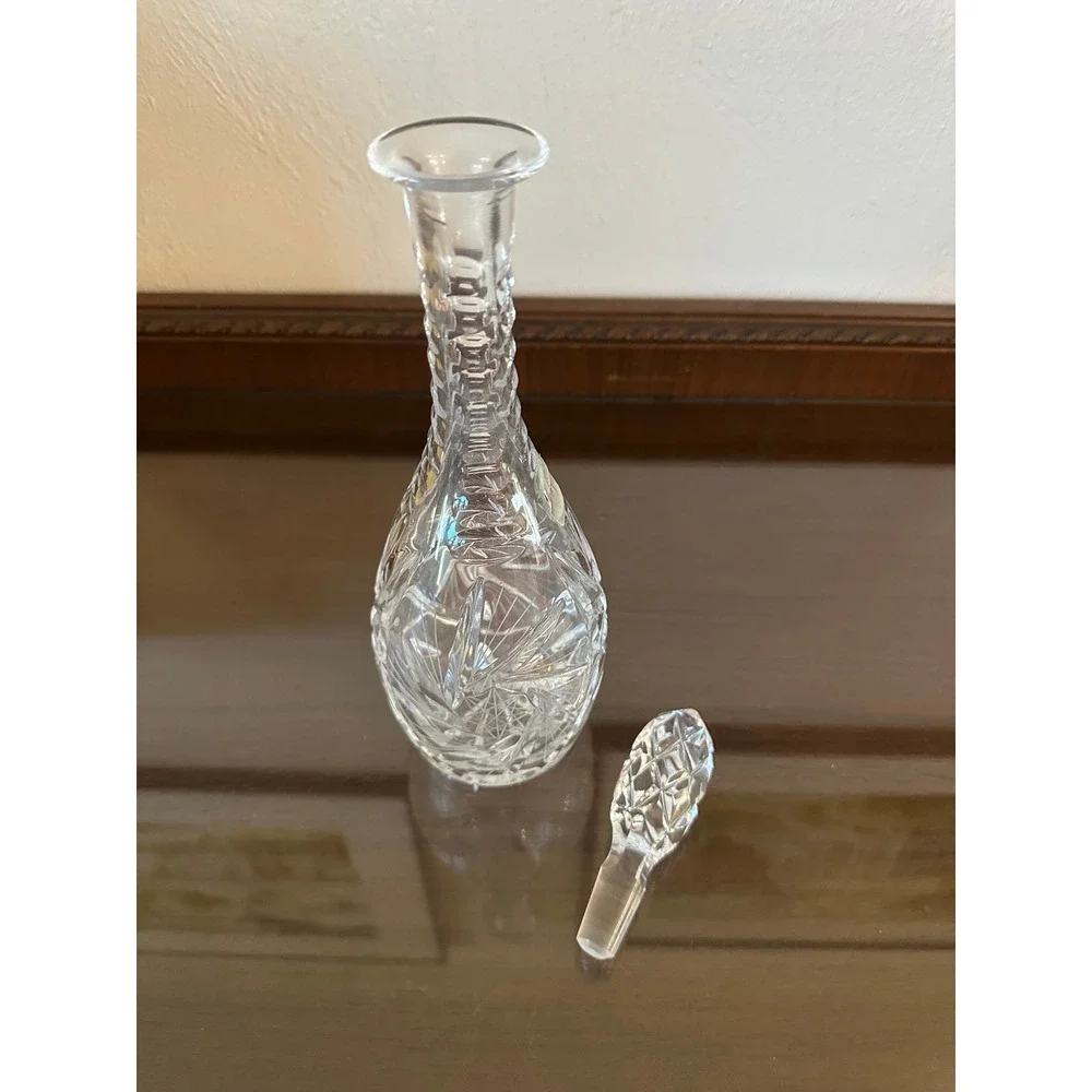 Vtg Pinwheel Cut Crystal Decanter with Stopper 13'' Germany Barware Clear Glass
